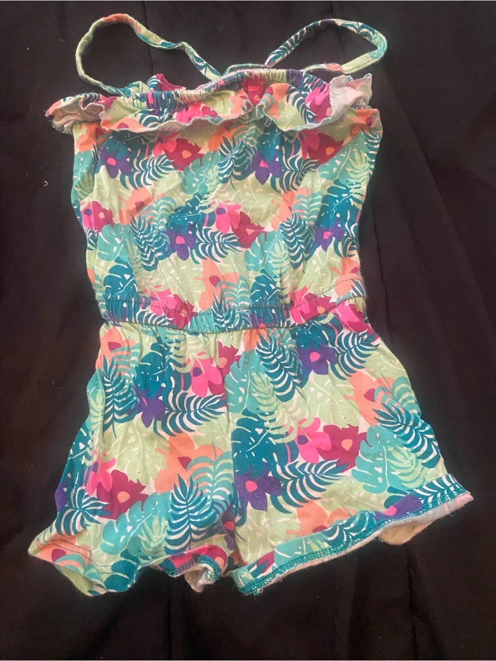 Circo Tropical Leaf Print Girls Romper in Blue, Pink & Green